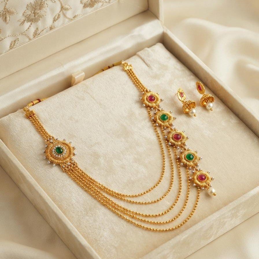 Royal Rajwadi Multi-Layer Gold Plated Necklace Set | Red Green Stone Kundan Necklace with Earrings | Bridal Party Wear Jewelry